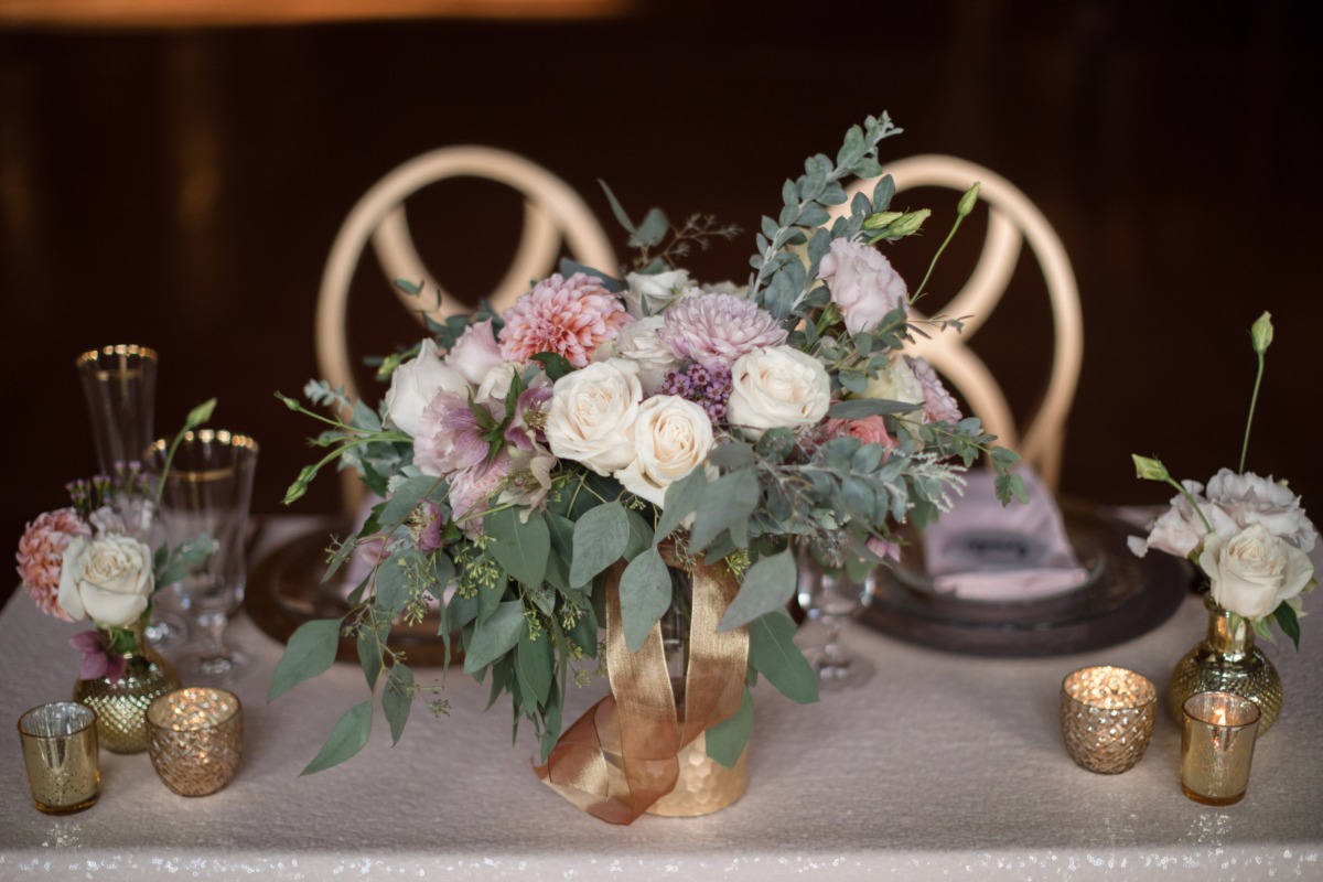 blush and purple wedding florals
