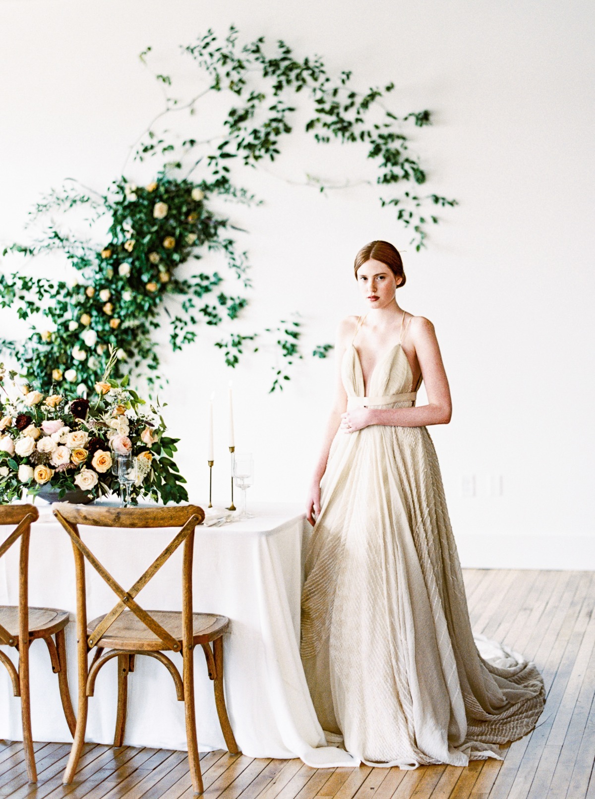 a bride and her minimalist wedding reception