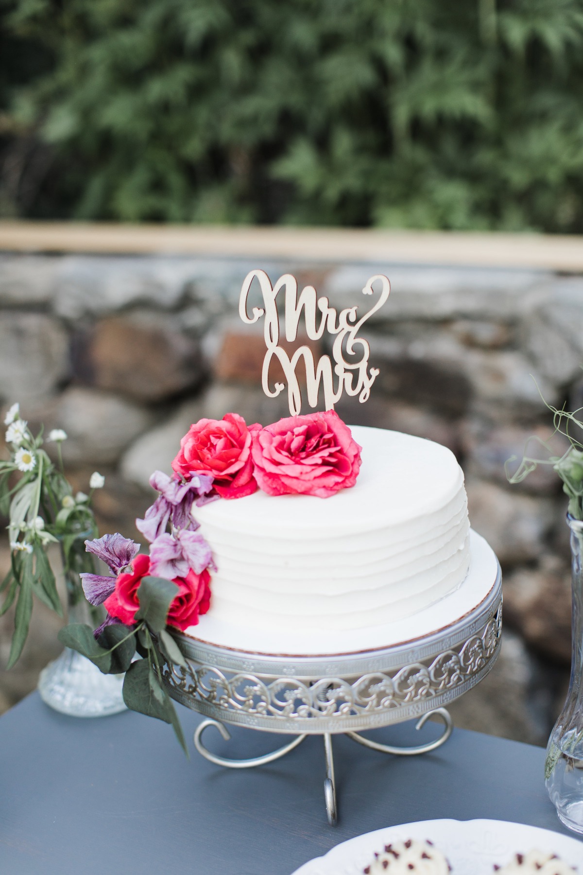 White wedding cake with florals