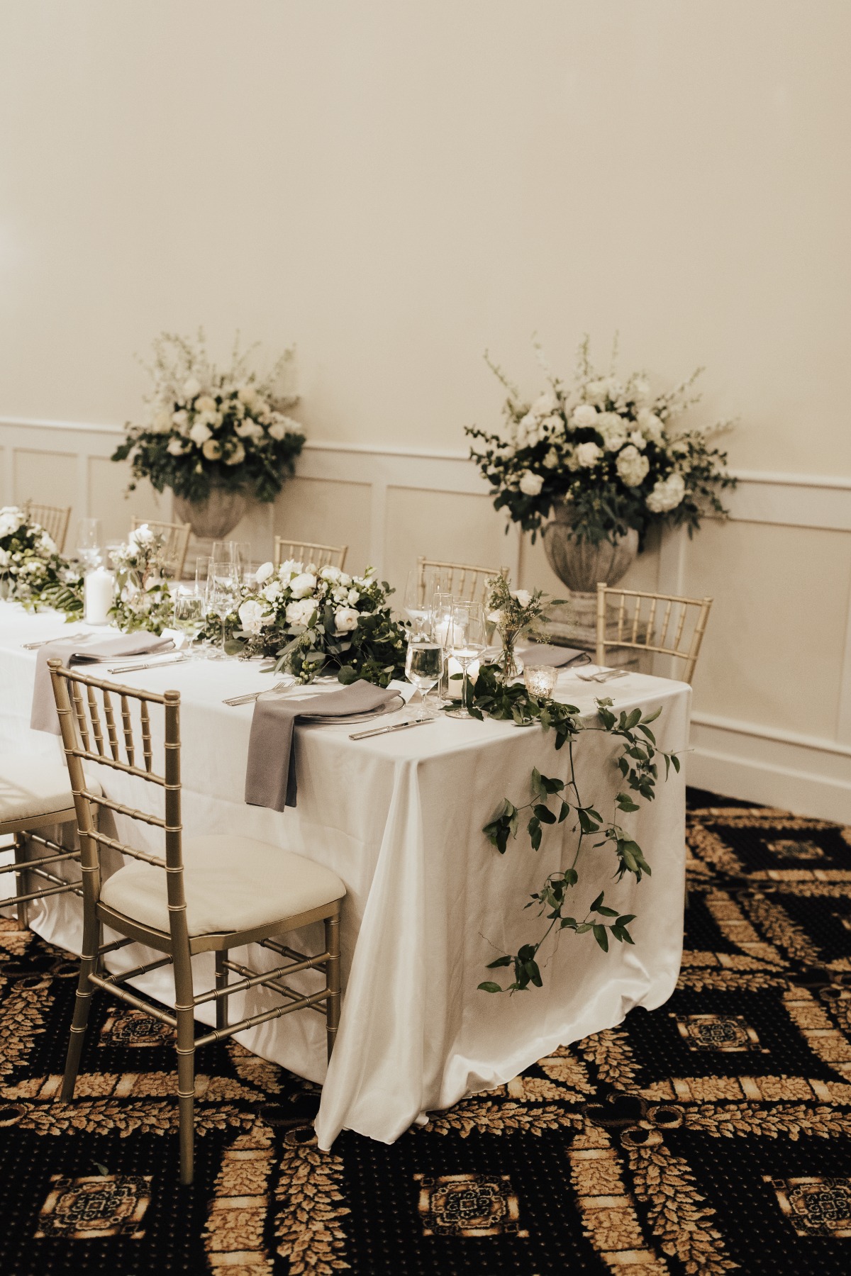 romantic white and grey wedding table decor