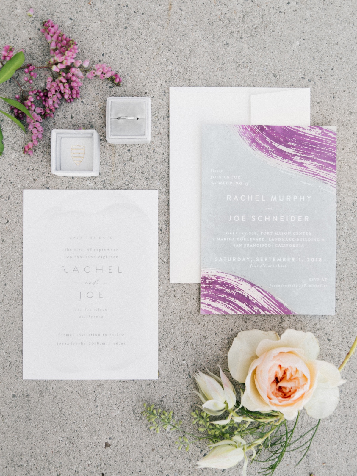 purple and gray wedding invite