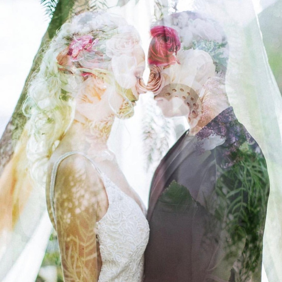 Romantic double exposure wedding photo of a bride and groom