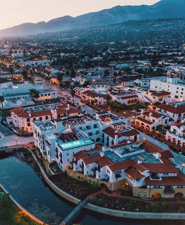 Santa Barbara cityscape with red tiled roofs at twilight