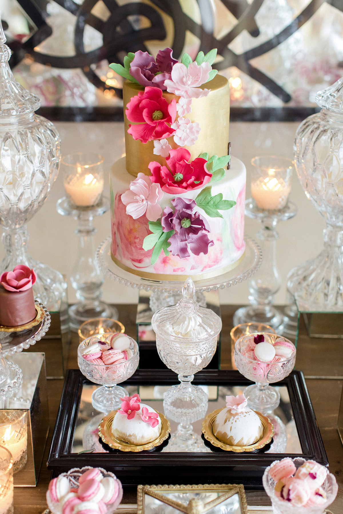 gold and pink sugar flower wedding cake