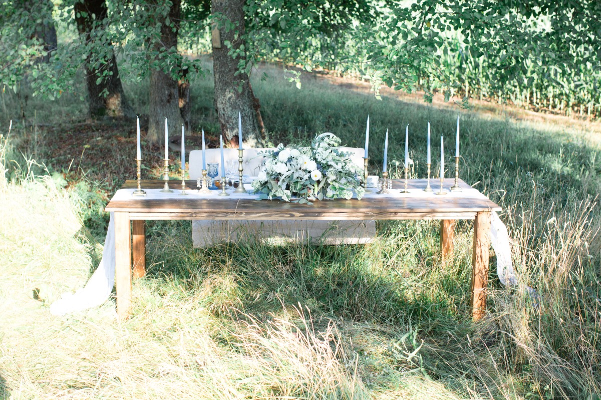 Rustic wedding table set for celebration in nature