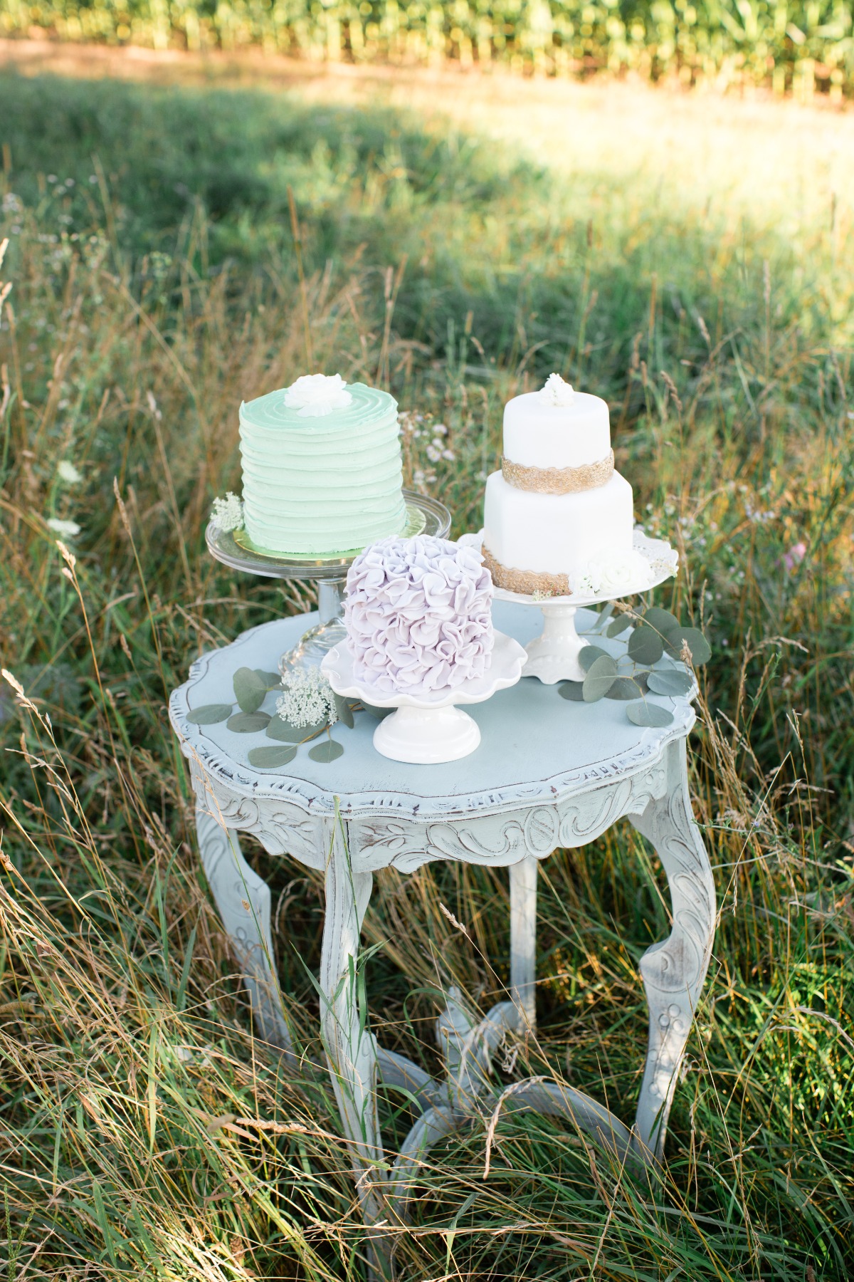 Three cakes on a vintage table in a sunlit grassy field setting