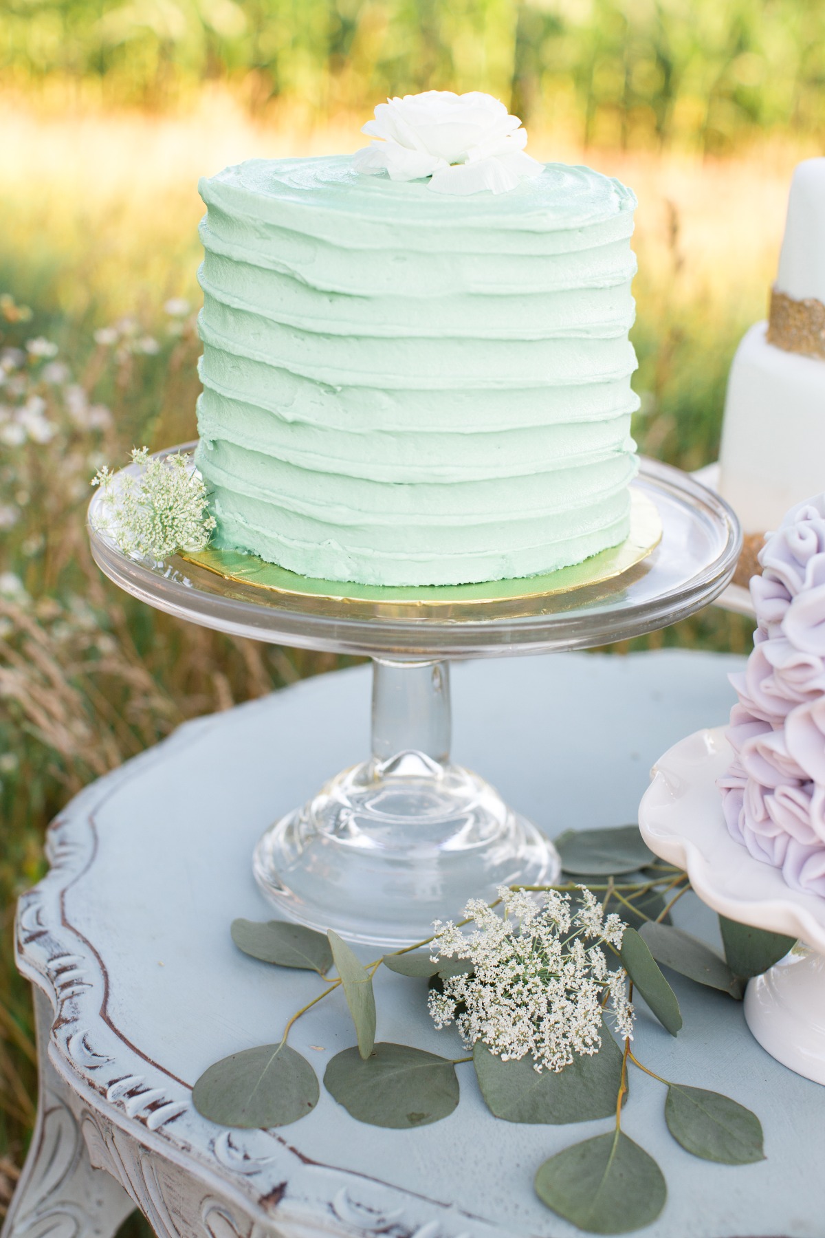A beautifully frosted teal cake adorned with a white flower on a glass stand