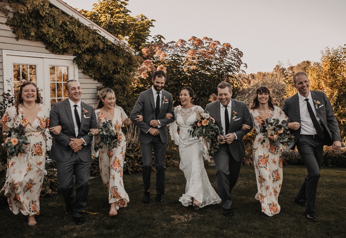 wedding party in floral print and grey