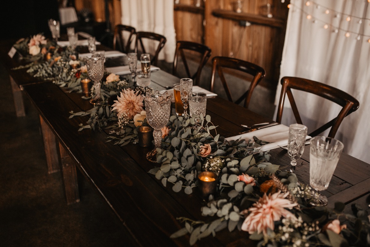 blush floral and eucalyptus garland table decor