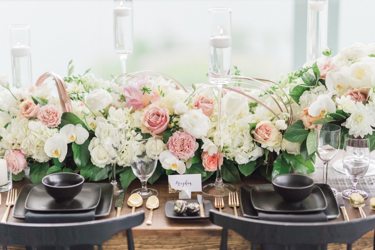 blush black and gold wedding table decor
