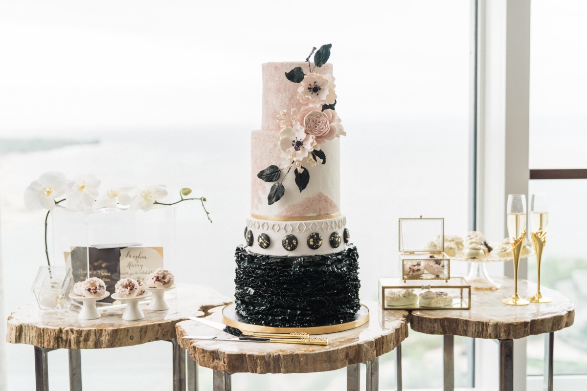 blush and black wedding cake