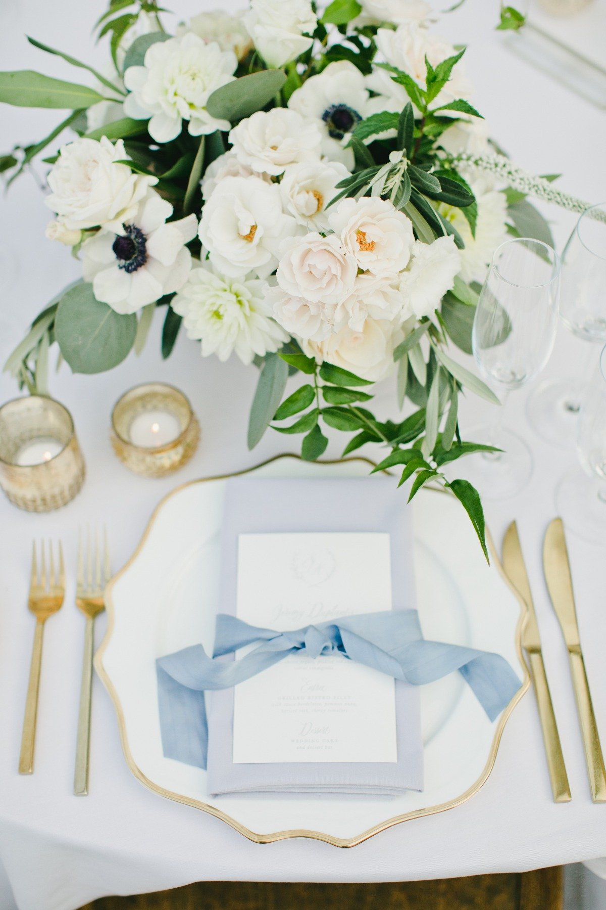 Gold and blue wedding place setting