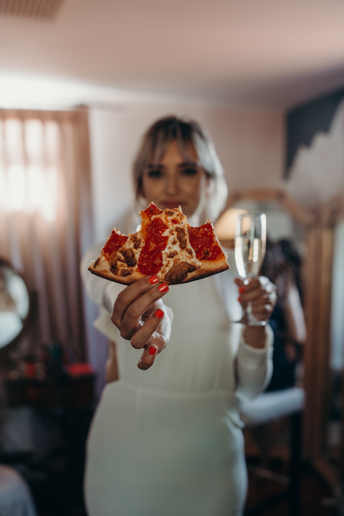 Bride and pizza
