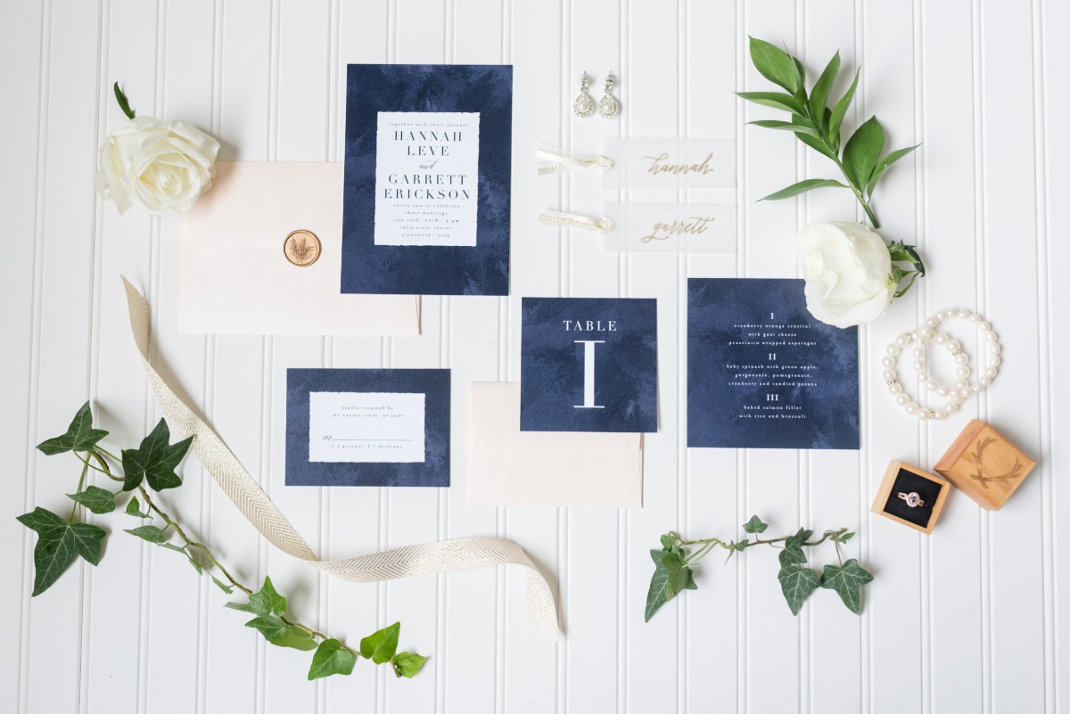 modern blue boarder wedding invitation suite