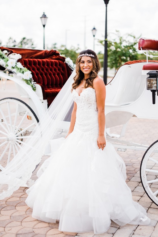Bride in beautiful wedding dress by white carriage