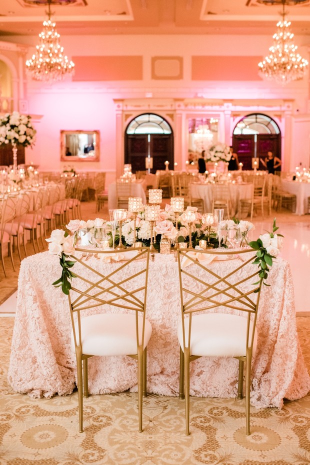 Elegant wedding reception setup with gold chairs and decor