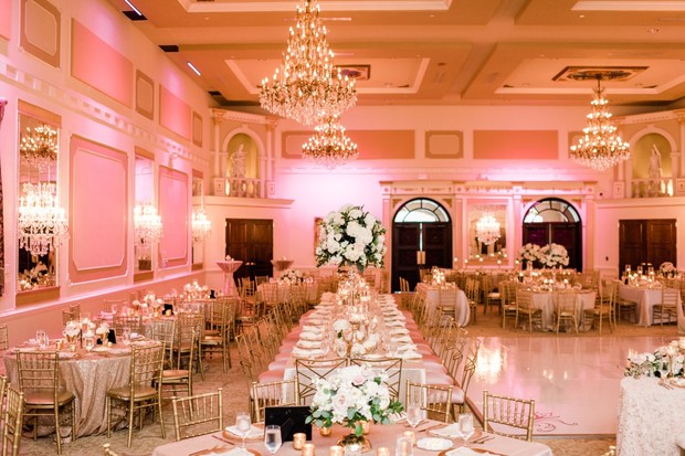 Elegantly decorated ballroom for a wedding reception