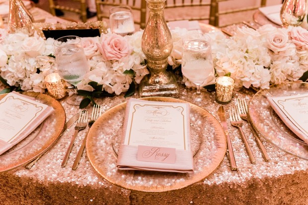 Elegant rose gold wedding table setting with floral decor