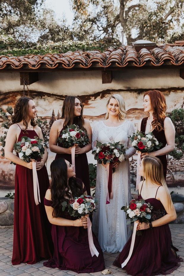 bridesmaids in burgundy