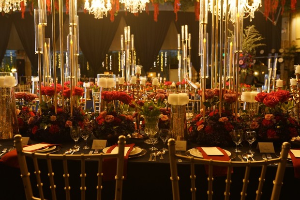 dramatic gold and red wedding reception