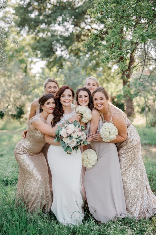 bridesmaids in champagne colored dresses