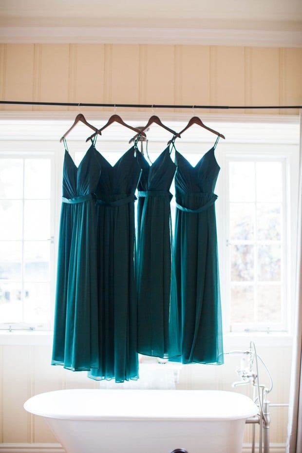 bridesmaids dressin in emerald green