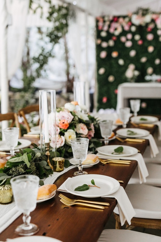 Elegant table setting with flowers for a wedding reception