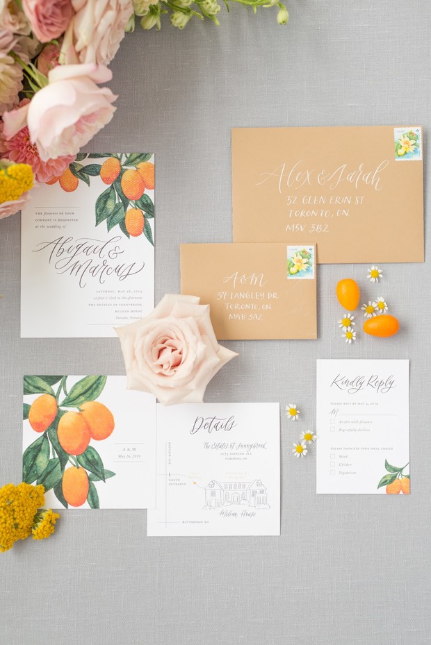 kumquat inspired wedding invitation suite