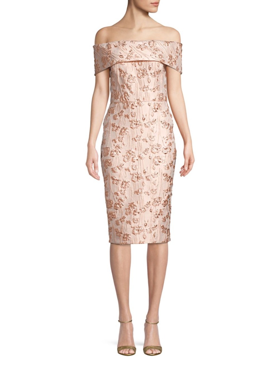 Elegant blush off the shoulder floral beaded dress