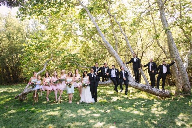 wedding party in pink and tuxedos