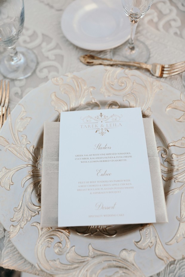 gold and white wedding menu