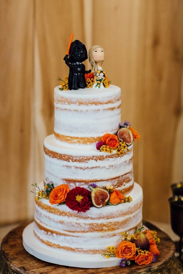 naked wedding cake with star wars topper