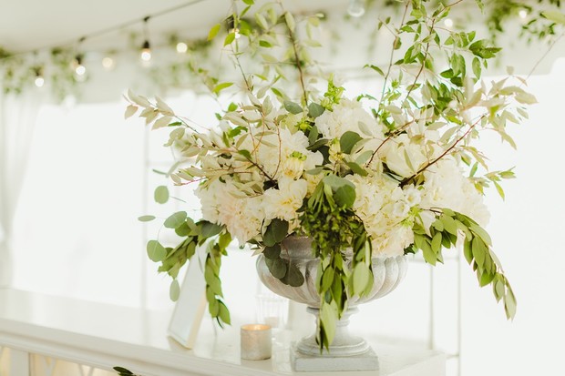 oversized white and green floral arrangements