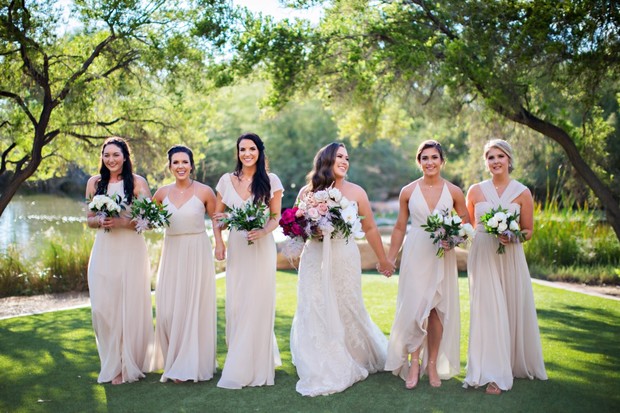 bridesmaids in neutral wedding dresses
