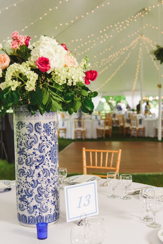 blue and white wedding table decor