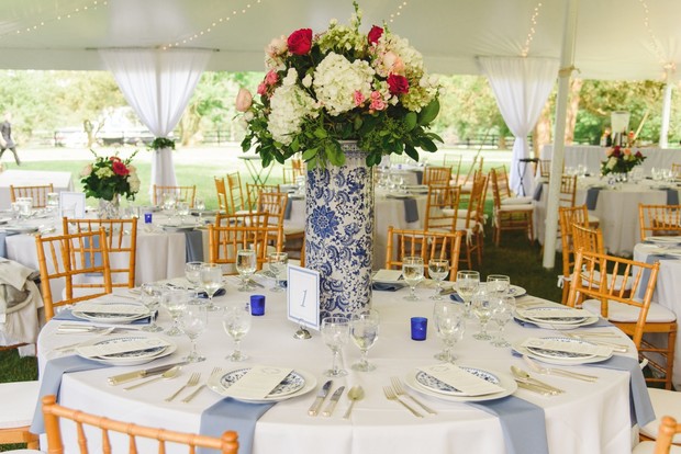 tented wedding reception in blue and white