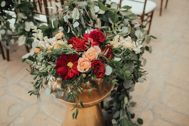 gold and burgundy and blush floral decor