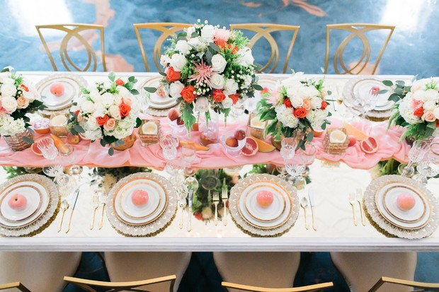springtime wedding table with gold glam style