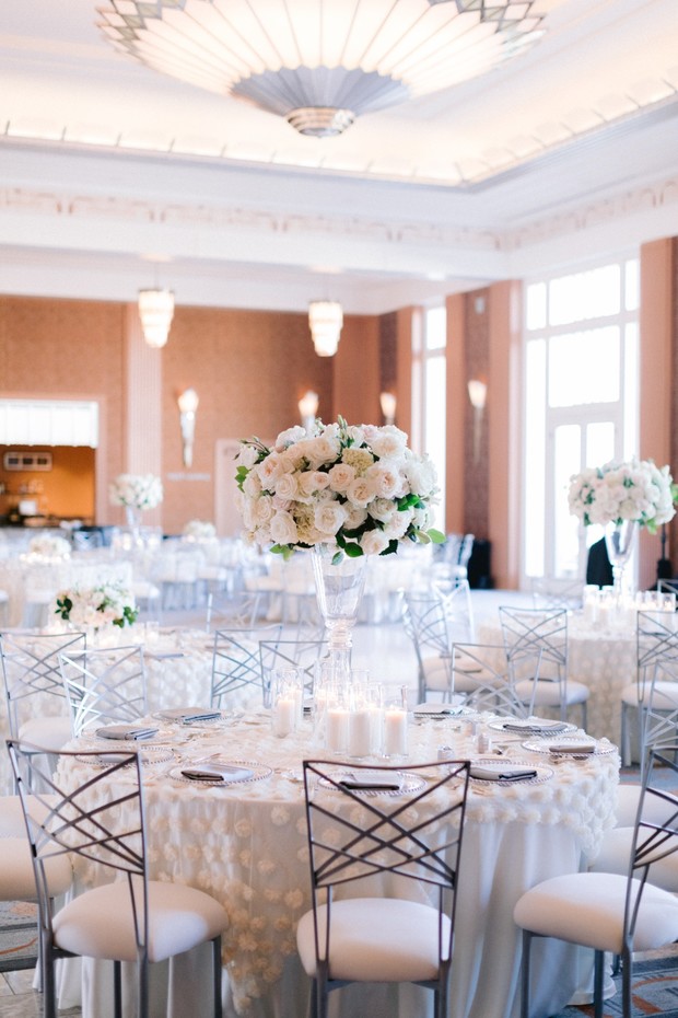 white and silver ballroom wedding reception