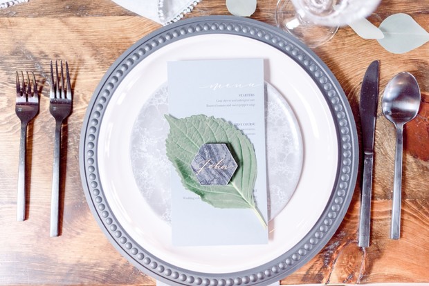 grey and white wedding place setting