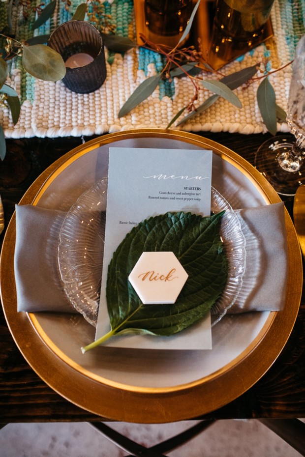 modern gold and white wedding place setting