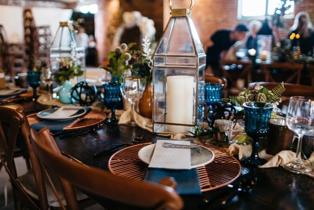 blue and copper wedding table decor
