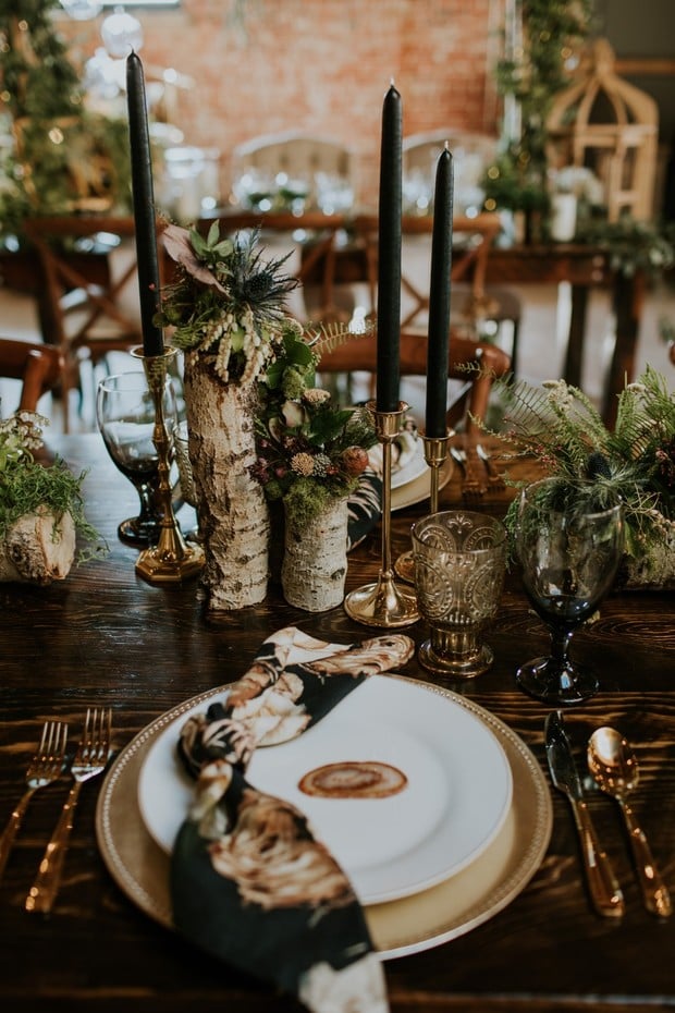 rustic chic gold and black wedding table setting