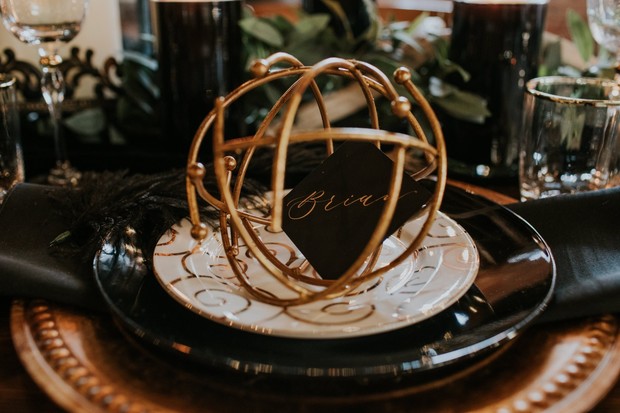 black white and gold wedding place setting
