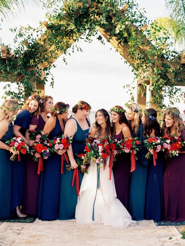 jewel-toned bridesmaid dresses and bouquets