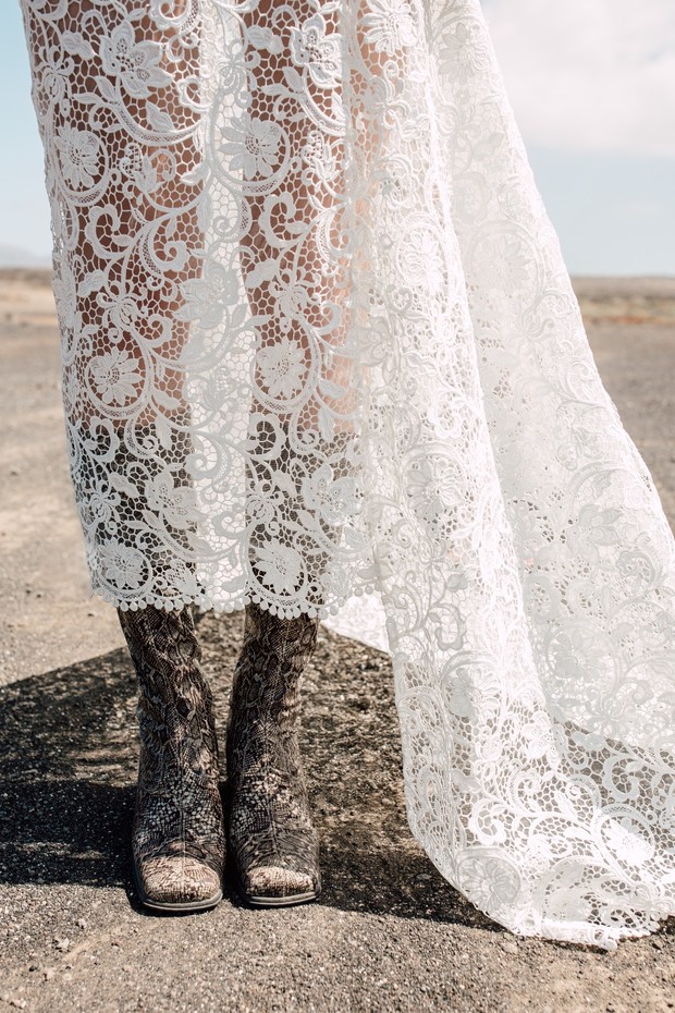 lace wedding dress and boots