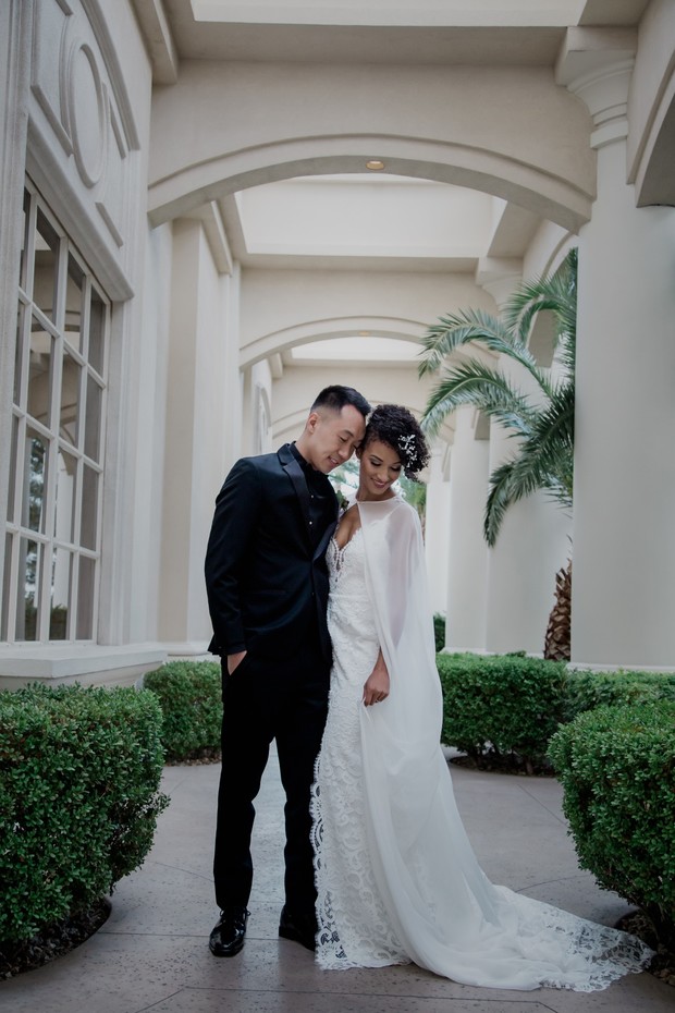 black and white formal wedding couple