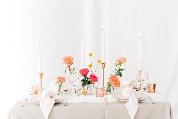 gold coral and copper wedding table idea