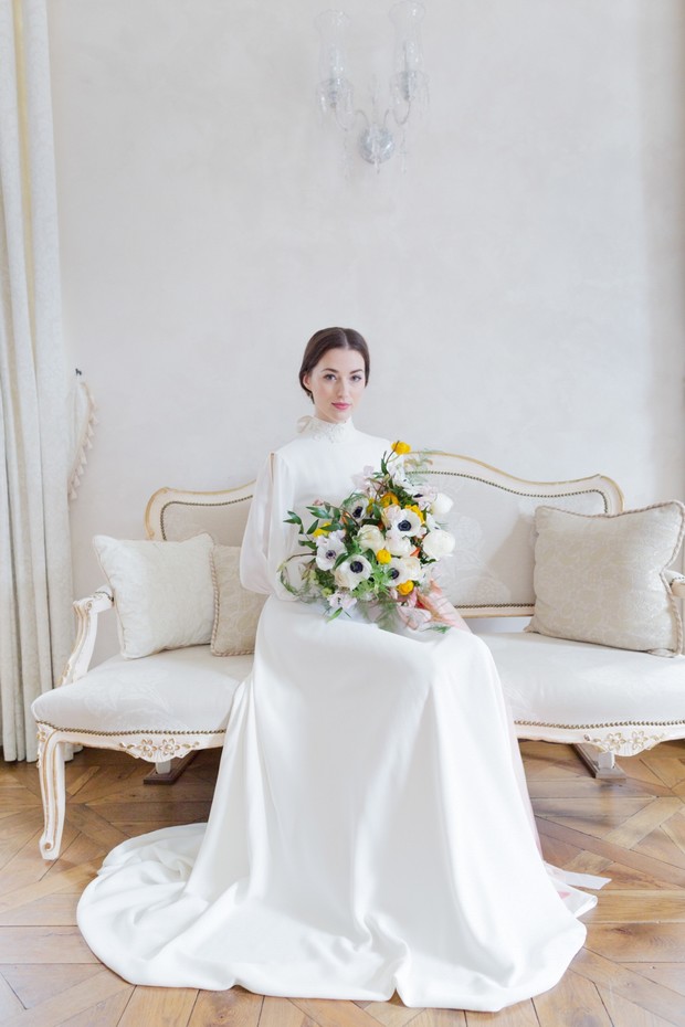 bride in long sleeved Yoora Studio wedding dress
