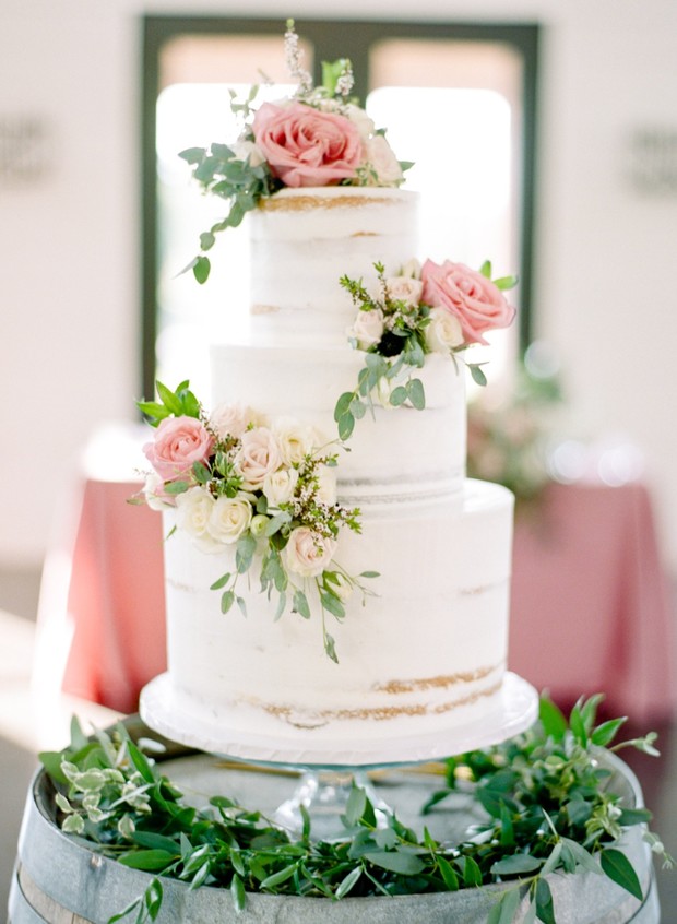 naked wedding cake and roses